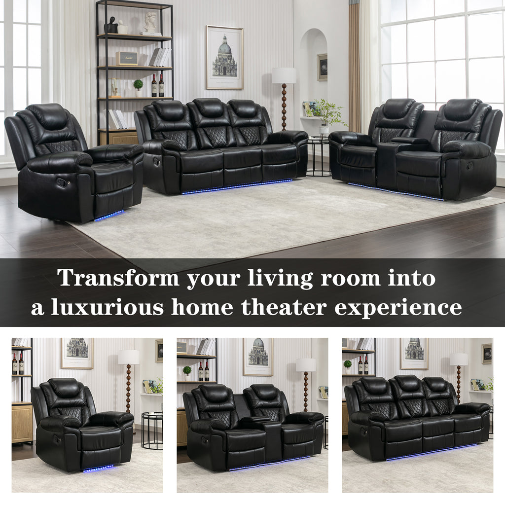 Home Theater Seating Manual Recliner Chair with Center Console and LED Light Strip