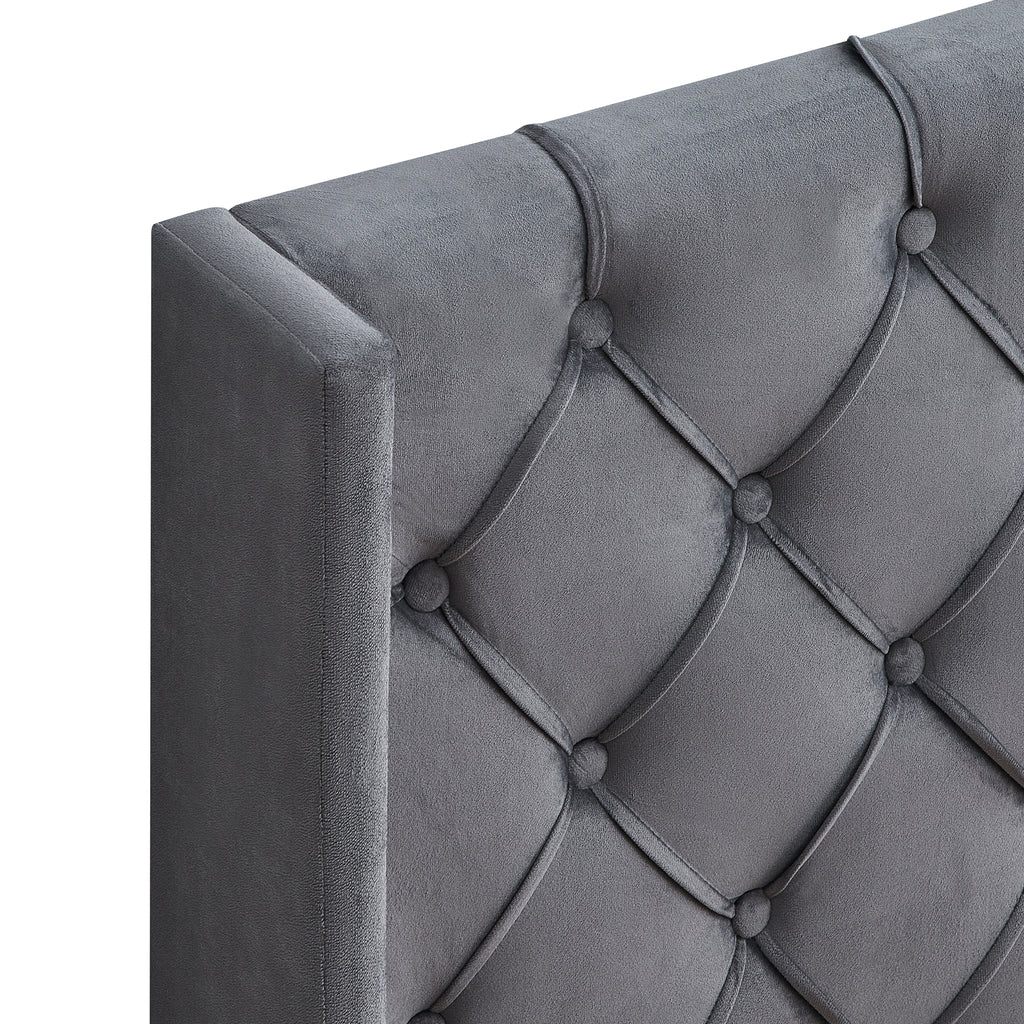 Velvet Button Tufted Upholstered Bed with Wings Design