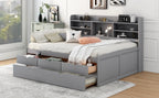 Full Size Wooden Captain Bed with Built-In Bookshelves, Three Storage Drawers and Trundle