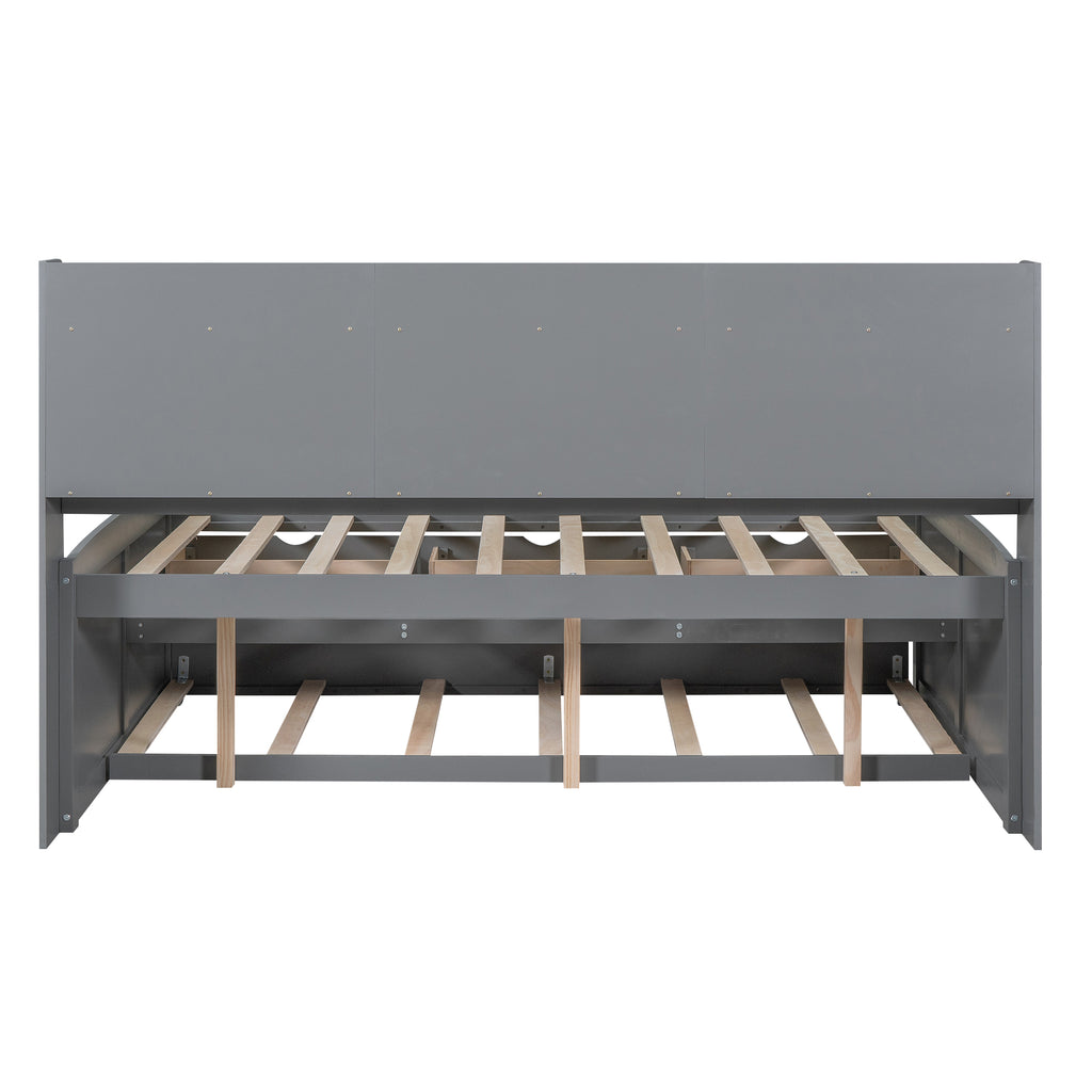 Full Size Wooden Captain Bed with Built-In Bookshelves, Three Storage Drawers and Trundle
