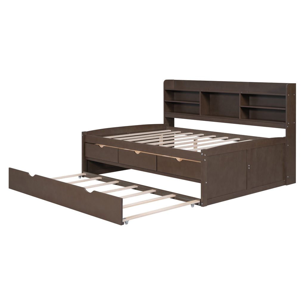 Full Size Wooden Captain Bed with Built-in Bookshelves
