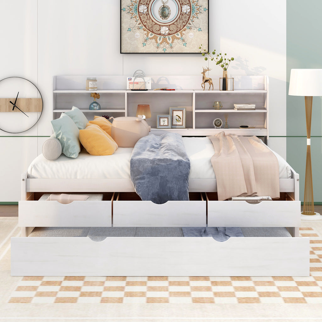 Full Size Wooden Captain Bed with Built-in Bookshelves, Three Storage Drawers and Trundle