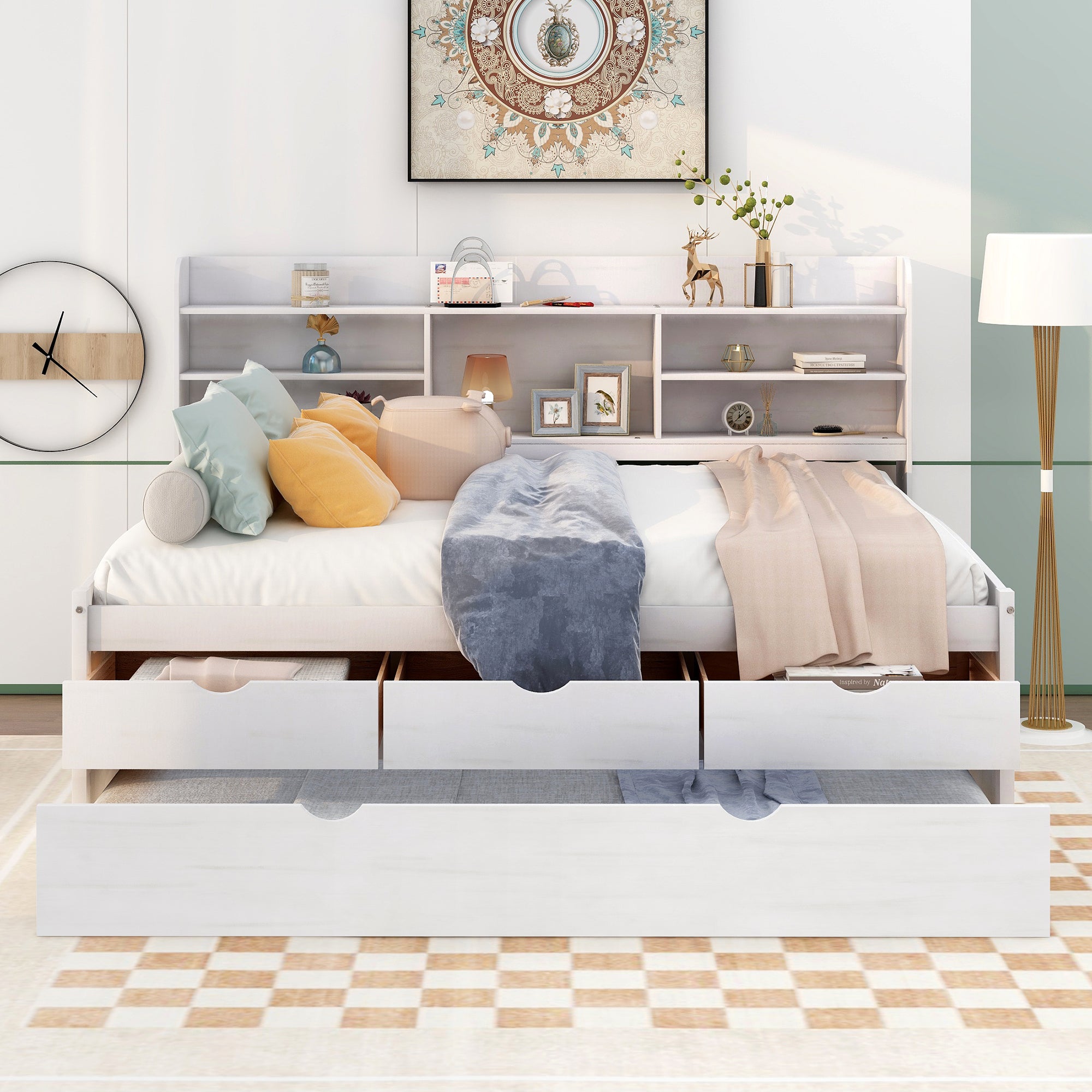 Full Size Wooden Captain Bed with Built-in Bookshelves, Three Storage Drawers and Trundle