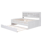 Full Size Wooden Captain Bed with Built-in Bookshelves, Three Storage Drawers and Trundle