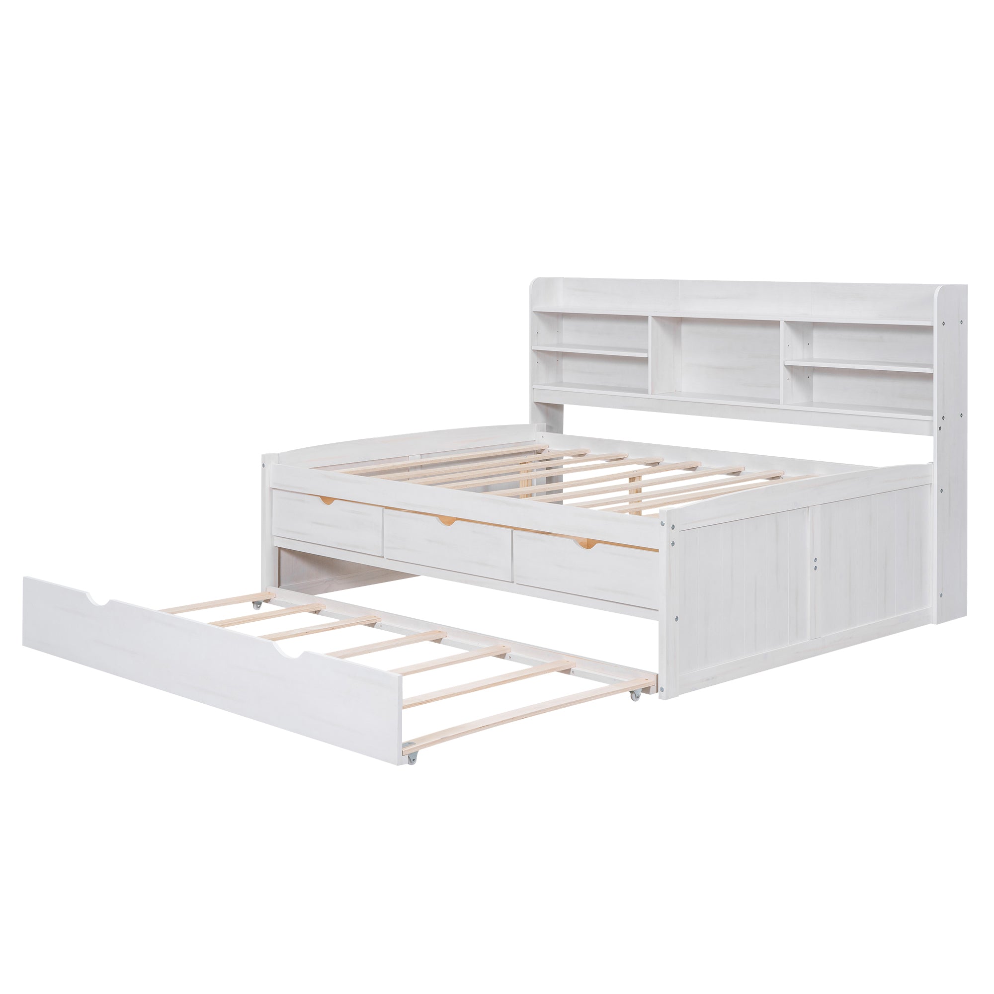 Full Size Wooden Captain Bed with Built-in Bookshelves, Three Storage Drawers and Trundle