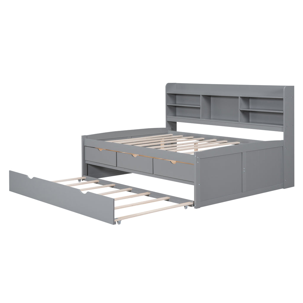 Full Size Wooden Captain Bed with Built-In Bookshelves, Three Storage Drawers and Trundle