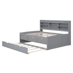 Full Size Wooden Captain Bed with Built-In Bookshelves, Three Storage Drawers and Trundle