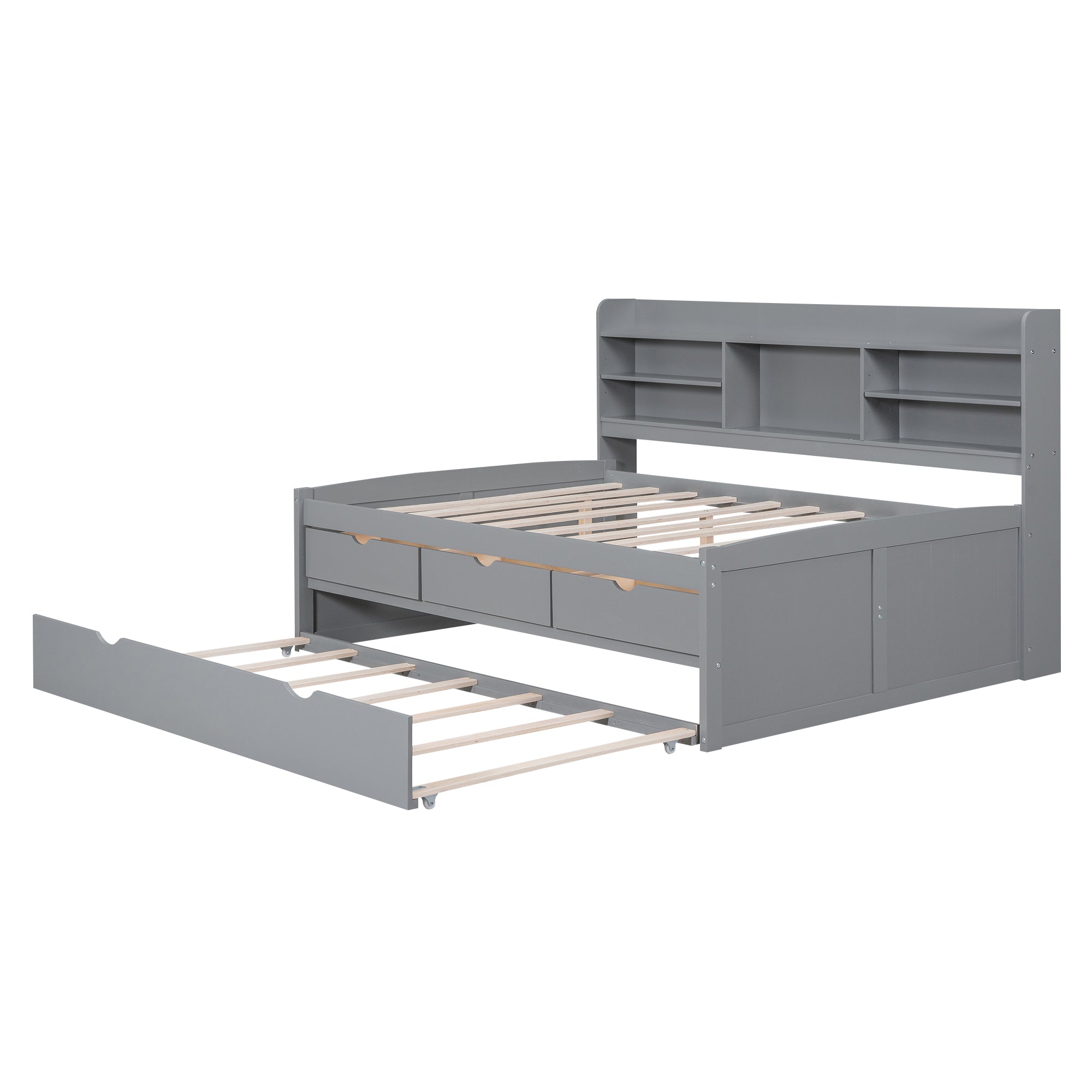 Full Size Wooden Captain Bed with Built-In Bookshelves, Three Storage Drawers and Trundle