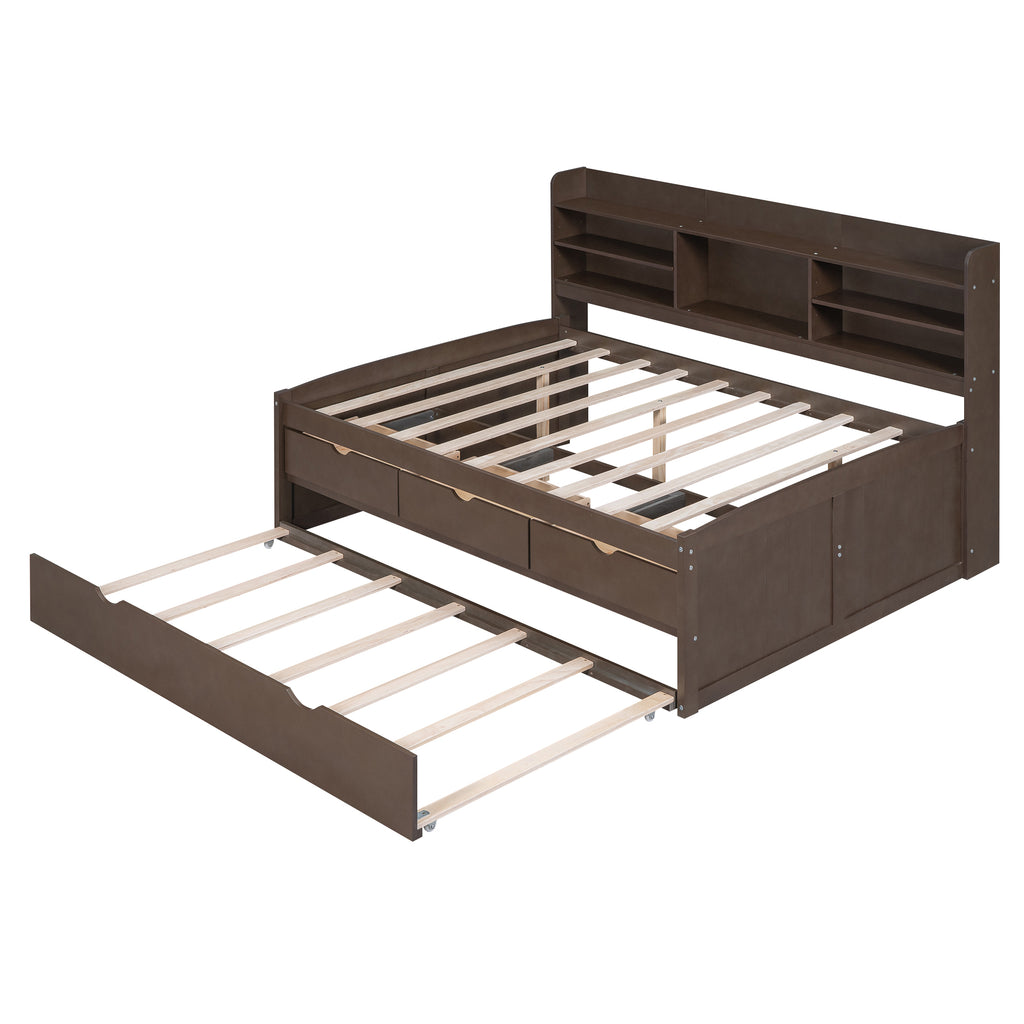 Full Size Wooden Captain Bed with Built-in Bookshelves