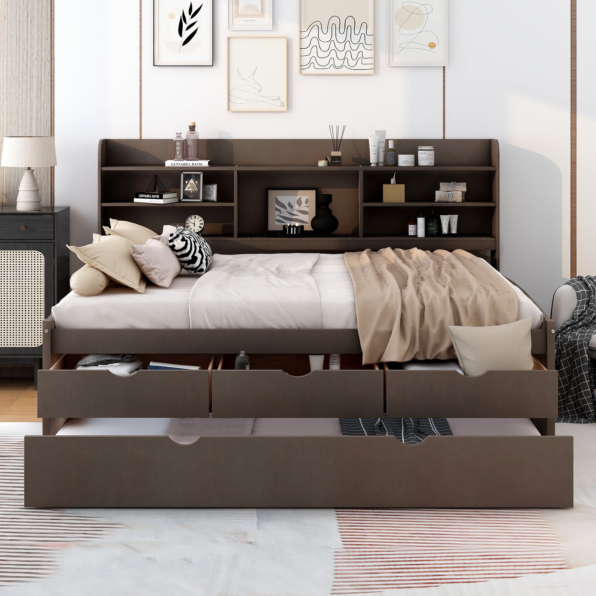 Full Size Wooden Captain Bed with Built-in Bookshelves