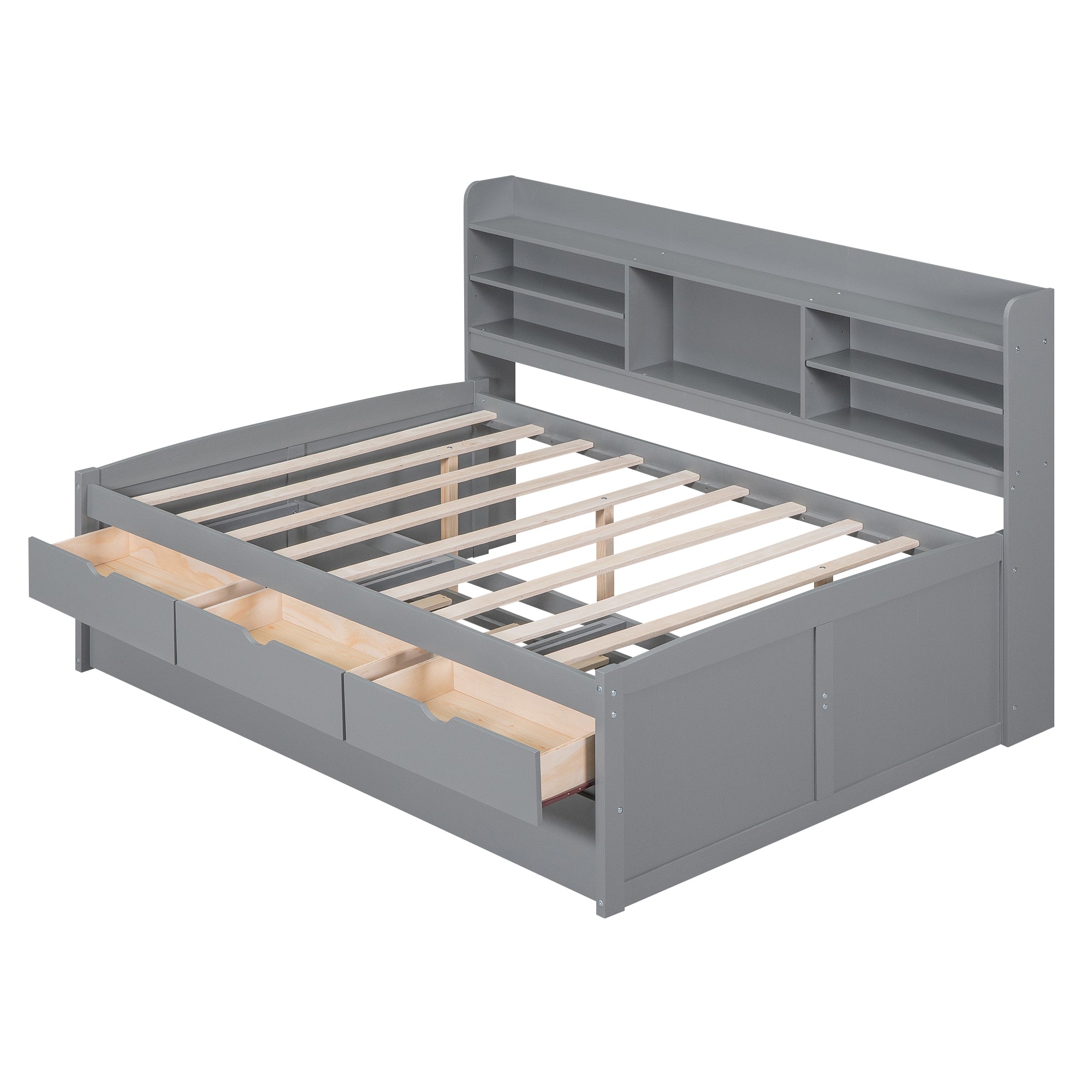 Full Size Wooden Captain Bed with Built-In Bookshelves, Three Storage Drawers and Trundle