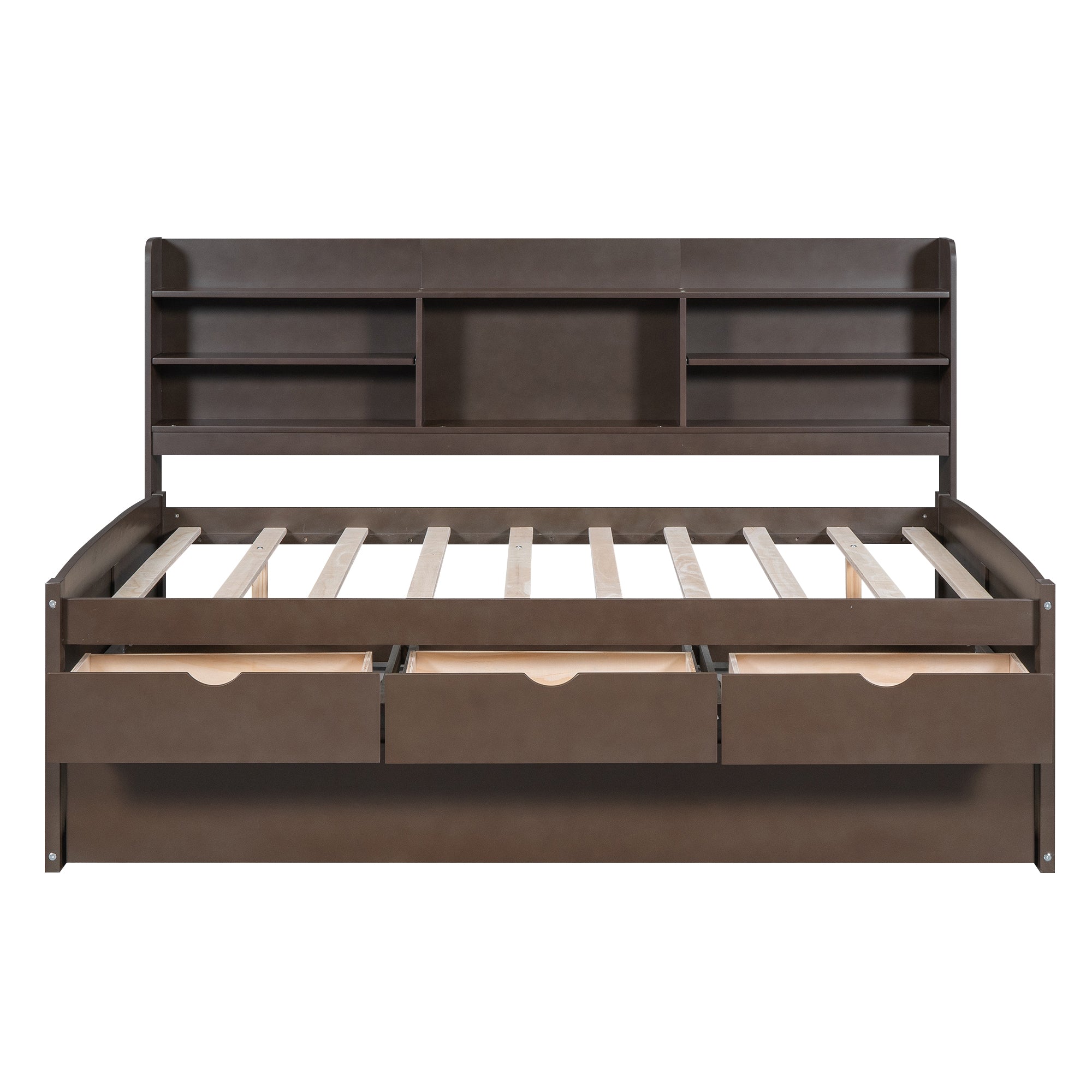 Full Size Wooden Captain Bed with Built-in Bookshelves