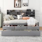 Full Size Wooden Captain Bed with Built-In Bookshelves, Three Storage Drawers and Trundle