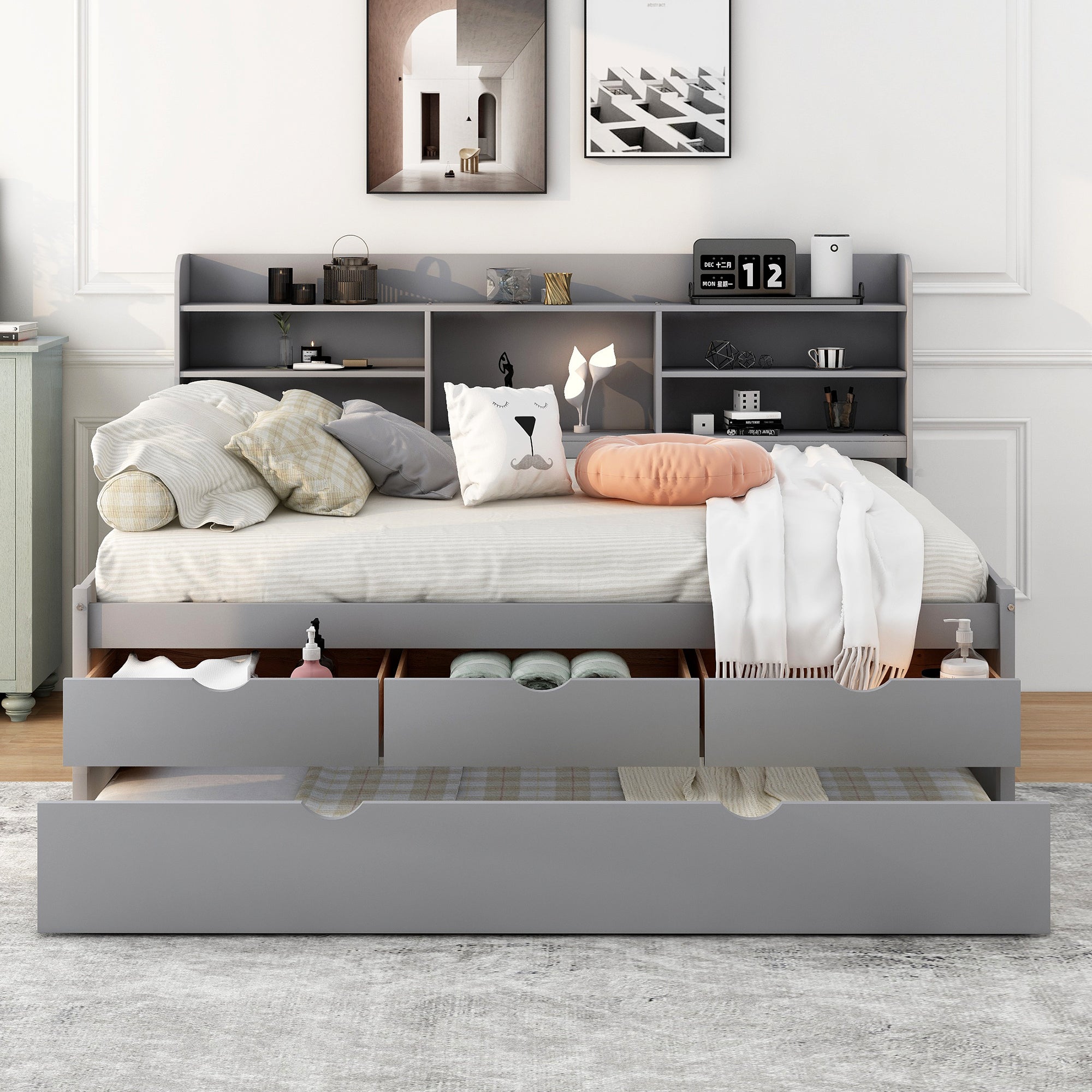 Full Size Wooden Captain Bed with Built-In Bookshelves, Three Storage Drawers and Trundle