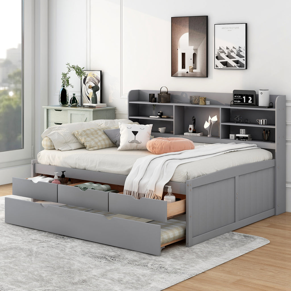 Full Size Wooden Captain Bed with Built-In Bookshelves, Three Storage Drawers and Trundle