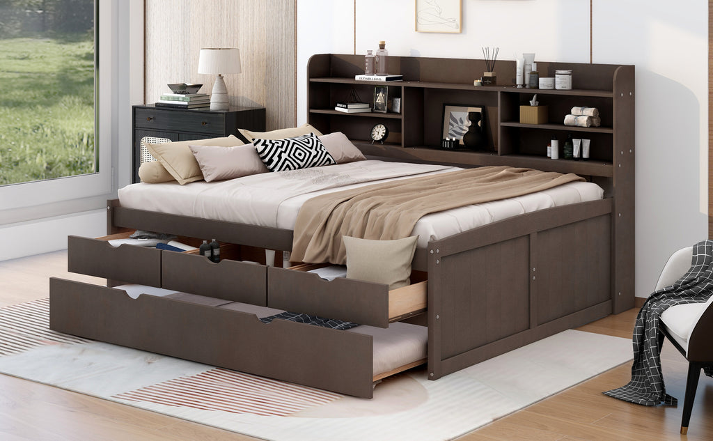 Full Size Wooden Captain Bed with Built-in Bookshelves