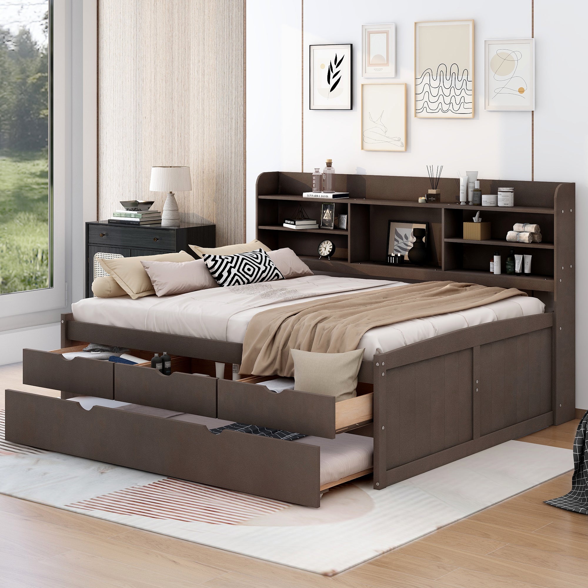 Full Size Wooden Captain Bed with Built-in Bookshelves