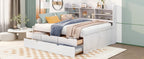 Full Size Wooden Captain Bed with Built-in Bookshelves, Three Storage Drawers and Trundle