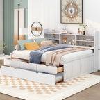 Full Size Wooden Captain Bed with Built-in Bookshelves, Three Storage Drawers and Trundle