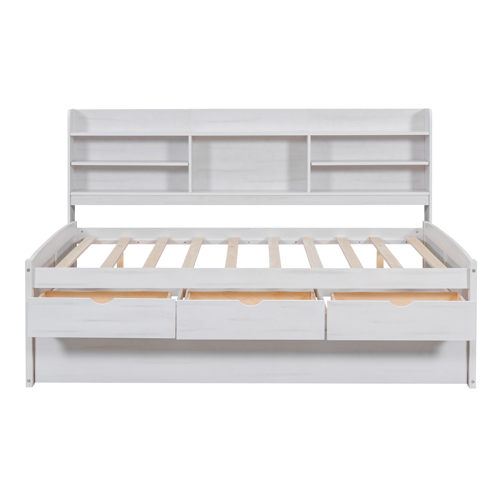 Full Size Wooden Captain Bed with Built-in Bookshelves, Three Storage Drawers and Trundle