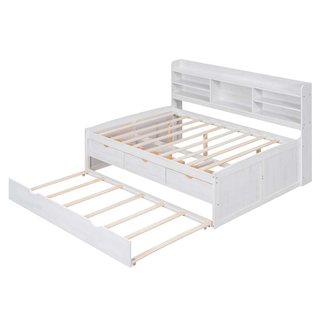 Full Size Wooden Captain Bed with Built-in Bookshelves, Three Storage Drawers and Trundle