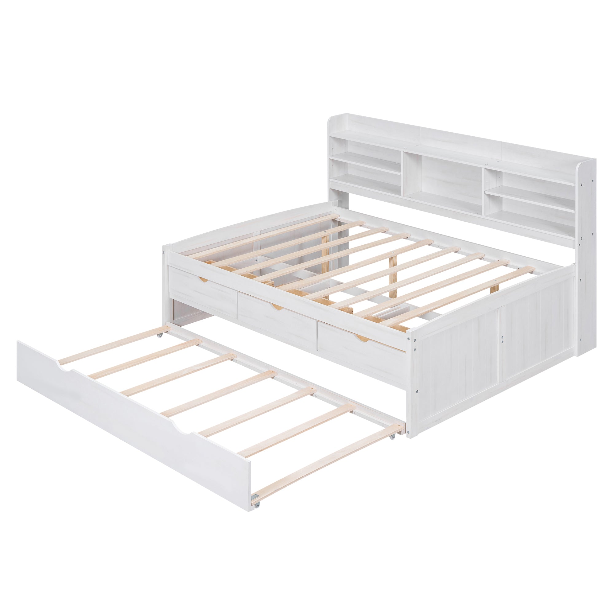 Full Size Wooden Captain Bed with Built-in Bookshelves, Three Storage Drawers and Trundle