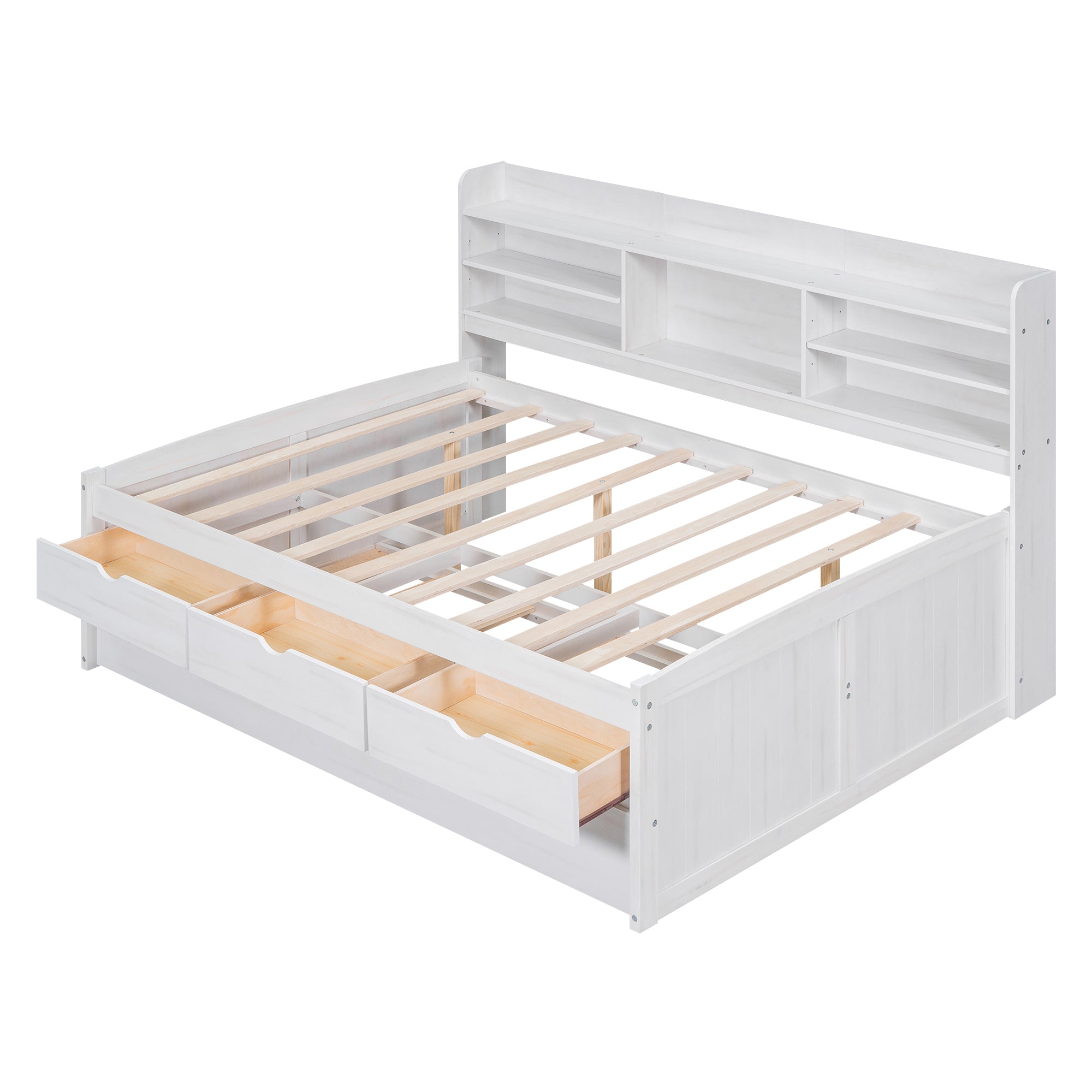 Full Size Wooden Captain Bed with Built-in Bookshelves, Three Storage Drawers and Trundle