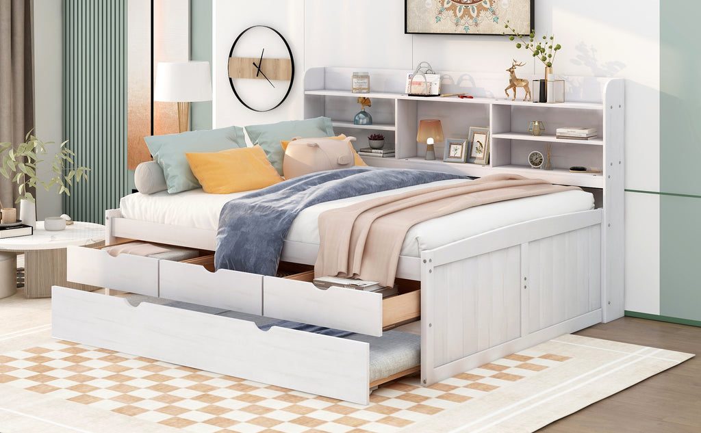 Full Size Wooden Captain Bed with Built-in Bookshelves, Three Storage Drawers and Trundle