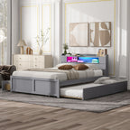 Queen Size Wood Storage Platform Bed with LED, 2 Drawers and 1 Twin Size Trundle