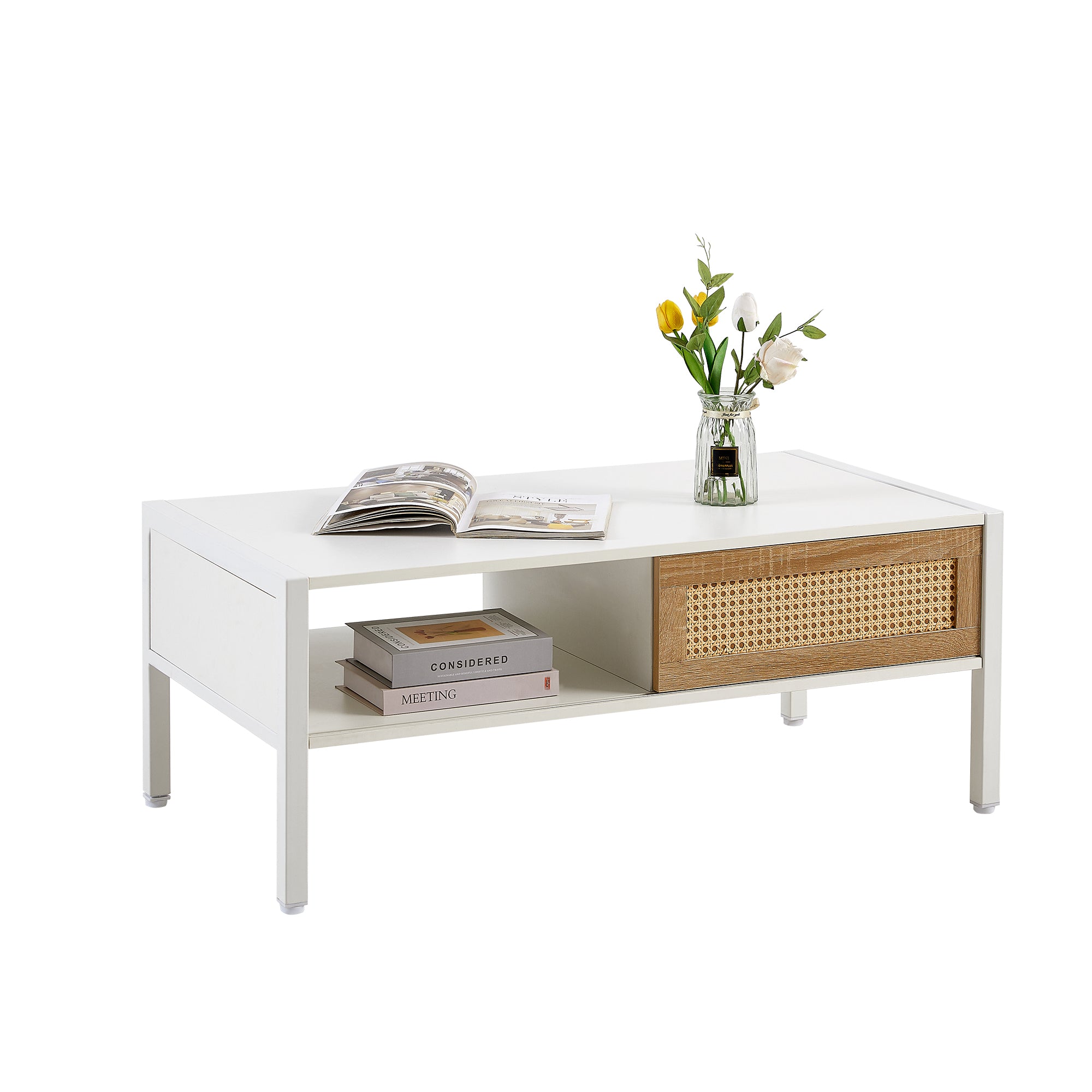 40.16" Rattan Coffee Table with Sliding Door Storage