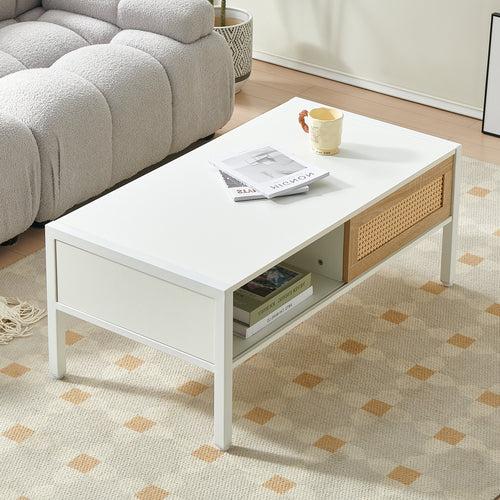40.16" Rattan Coffee Table with Sliding Door Storage