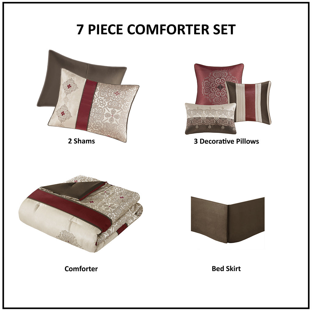 Queen 7 Piece Jacquard Comforter Set with Throw Pillows