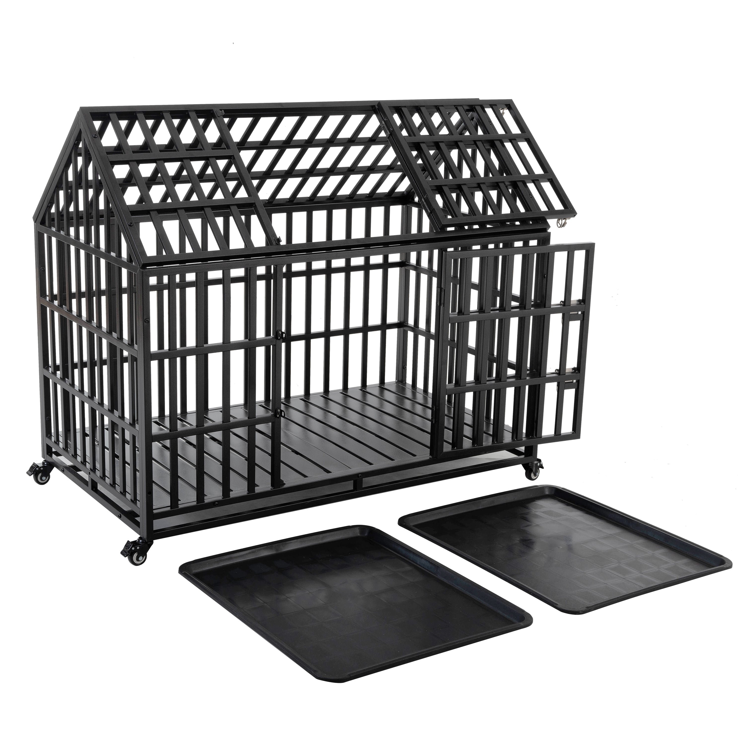 55" Heavy Duty Dog Crate for Large Dogs with Lockable Wheels
