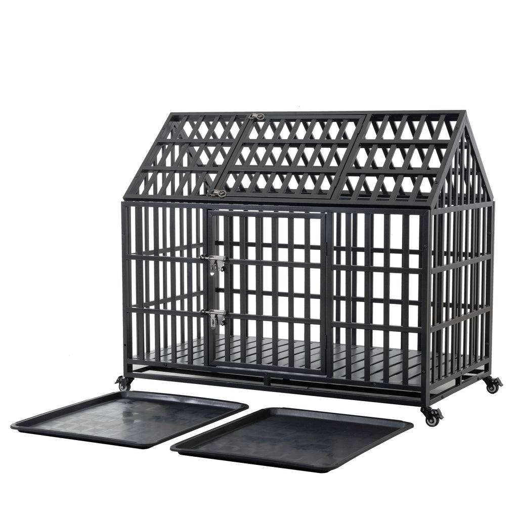 55" Heavy Duty Dog Crate for Large Dogs with Lockable Wheels