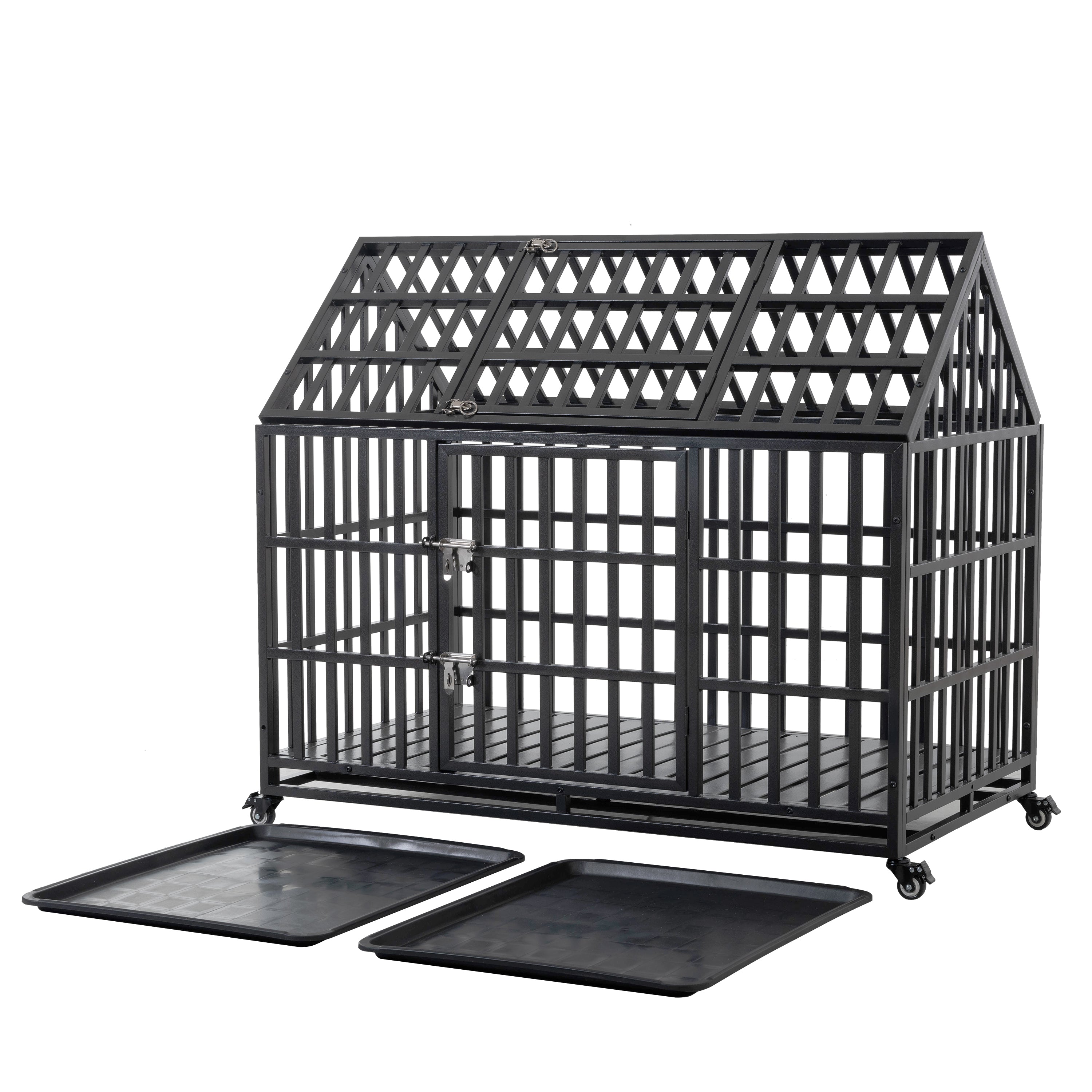 55" Heavy Duty Dog Crate for Large Dogs with Lockable Wheels