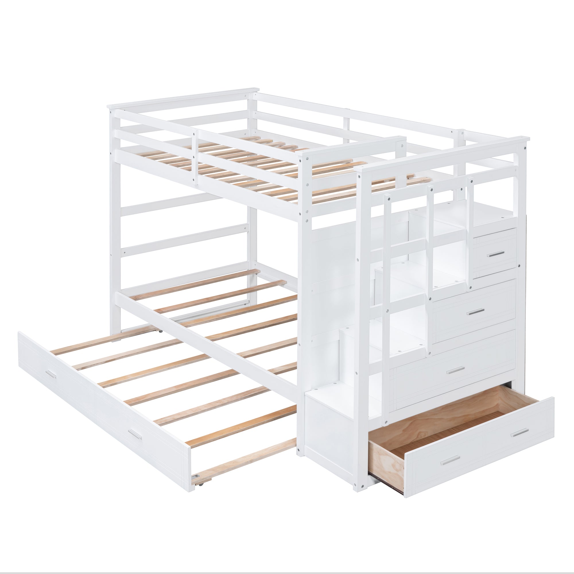 Twin Over Twin Bunk Bed with Trundle and Staircase, White