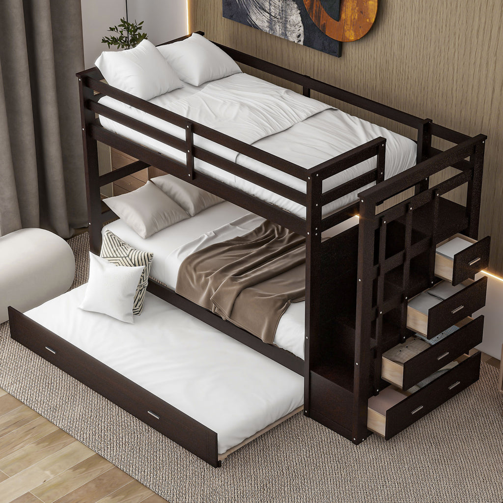 Twin Over Twin Bunk Bed with Trundle and Staircase