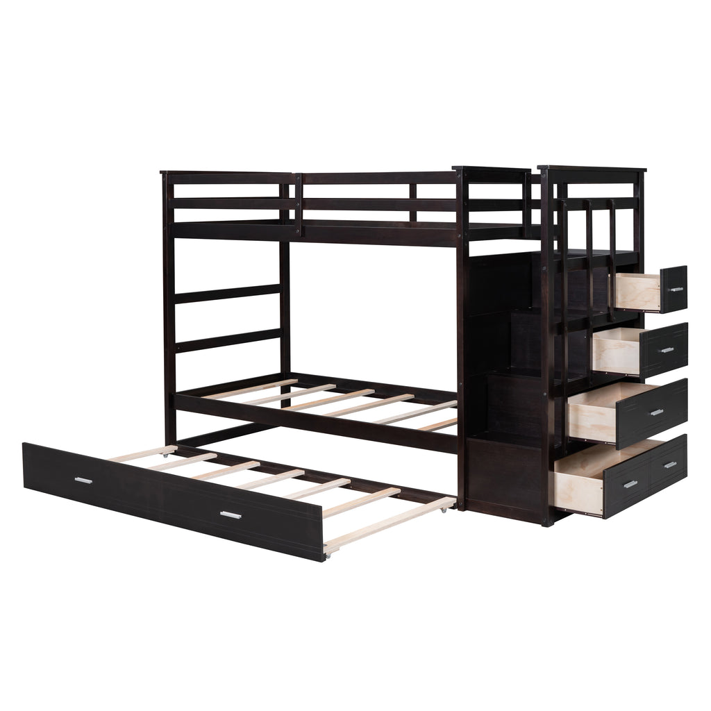 Twin Over Twin Bunk Bed with Trundle and Staircase