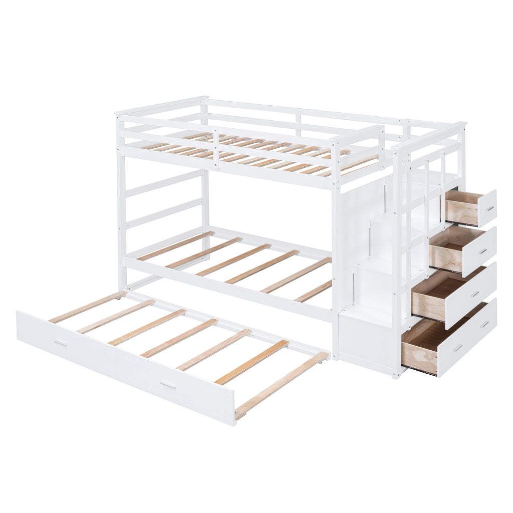 Twin Over Twin Bunk Bed with Trundle and Staircase, White