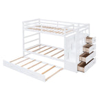 Twin Over Twin Bunk Bed with Trundle and Staircase, White