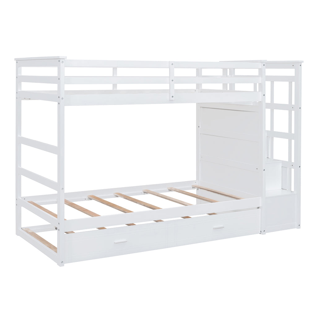 Twin Over Twin Bunk Bed with Trundle and Staircase, White