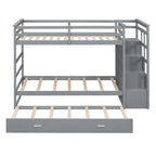Twin Over Twin Bunk Bed with Trundle and Staircase - Gray