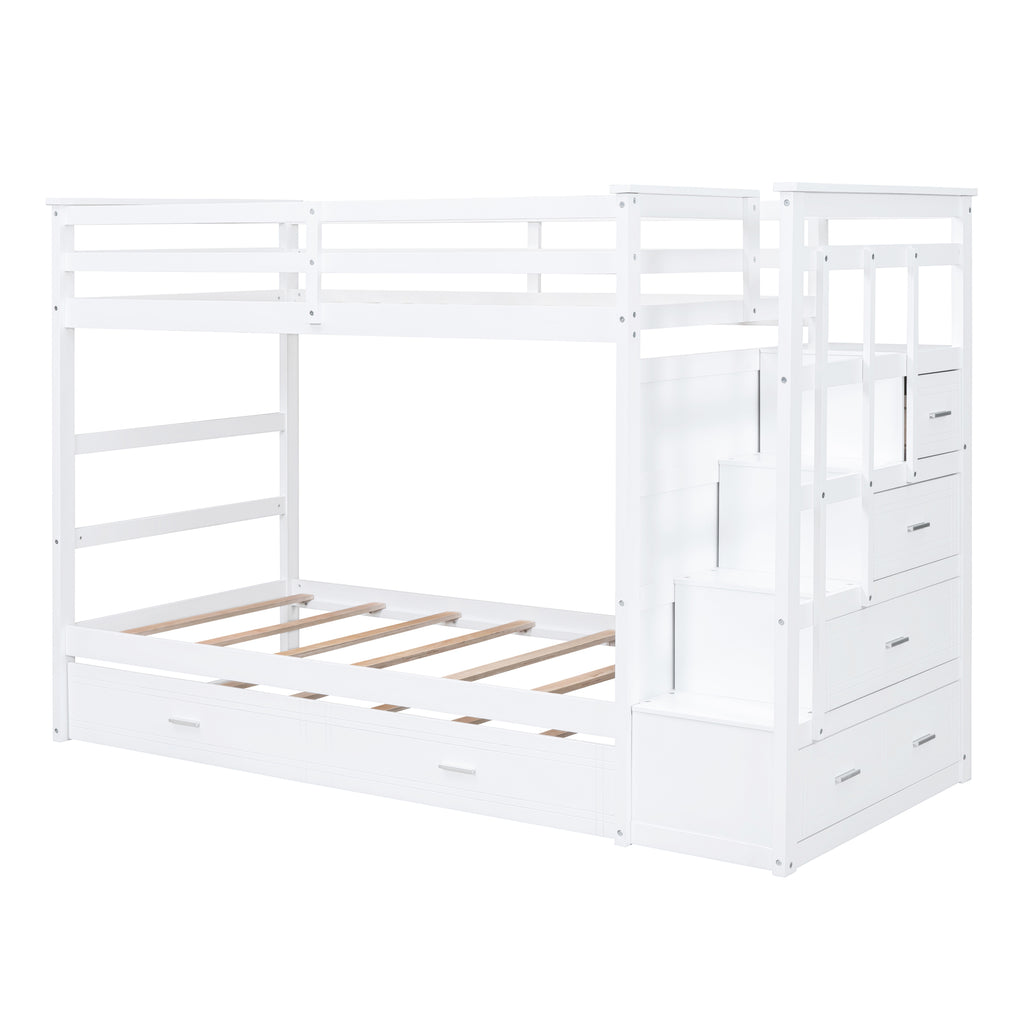 Twin Over Twin Bunk Bed with Trundle and Staircase, White