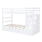 Twin Over Twin Bunk Bed with Trundle and Staircase, White