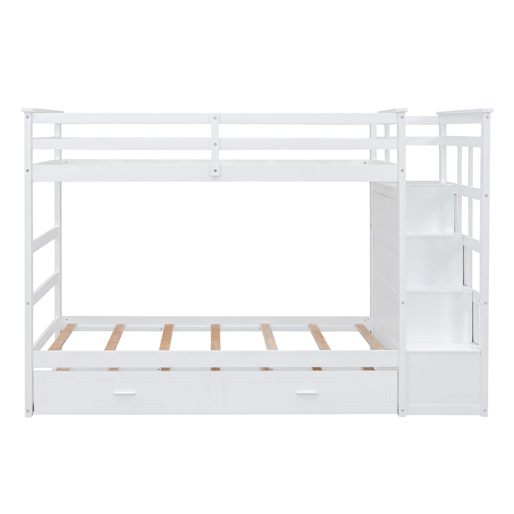 Twin Over Twin Bunk Bed with Trundle and Staircase, White