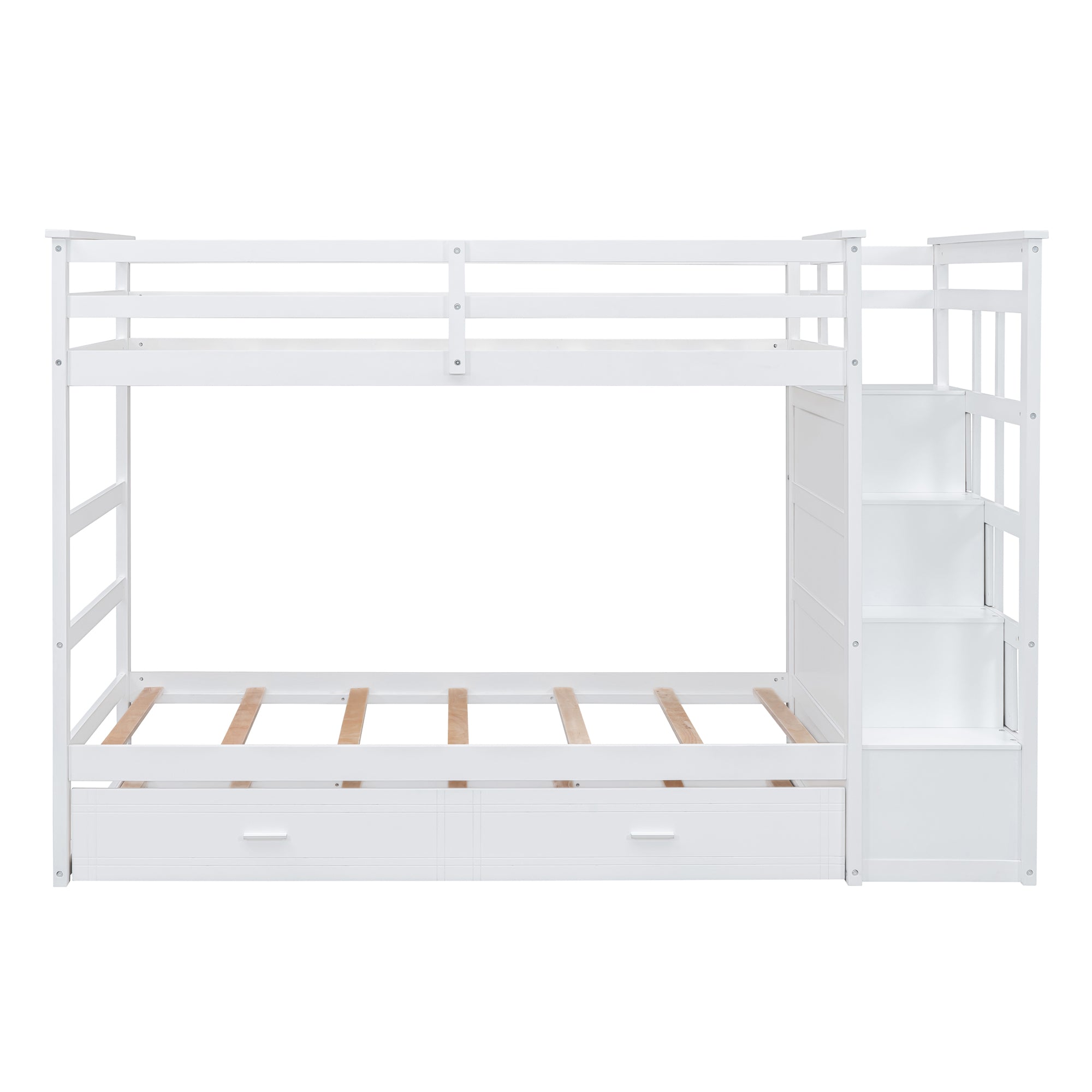 Twin Over Twin Bunk Bed with Trundle and Staircase, White