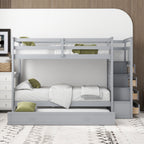 Twin Over Twin Bunk Bed with Trundle and Staircase - Gray