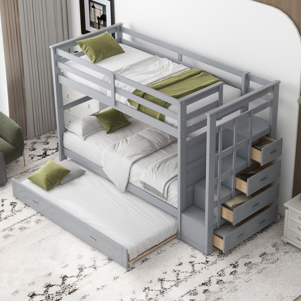 Twin Over Twin Bunk Bed with Trundle and Staircase - Gray