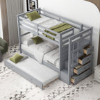 Twin Over Twin Bunk Bed with Trundle and Staircase - Gray