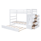 Twin Over Twin Bunk Bed with Trundle and Staircase, White